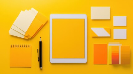 Branding Essentials Flat Lay, Business Cards, Logo Samples, Color Palette Guide, Tablet, Creative Workspace Setup