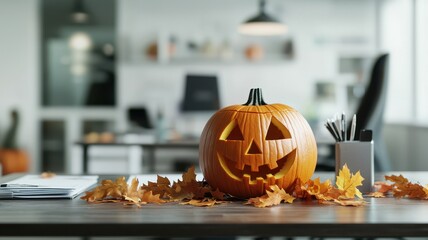 A carved jack-o'-lantern sits on a desk surrounded by autumn leaves, adding a festive touch to a modern office space.