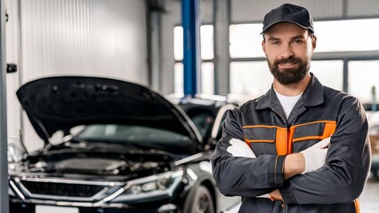 A confident man stands with his arms crossed, wearing a professional mechanic uniform. Positioned in front of a car, it symbolizes reliability and craftsmanship in the automotive industry.