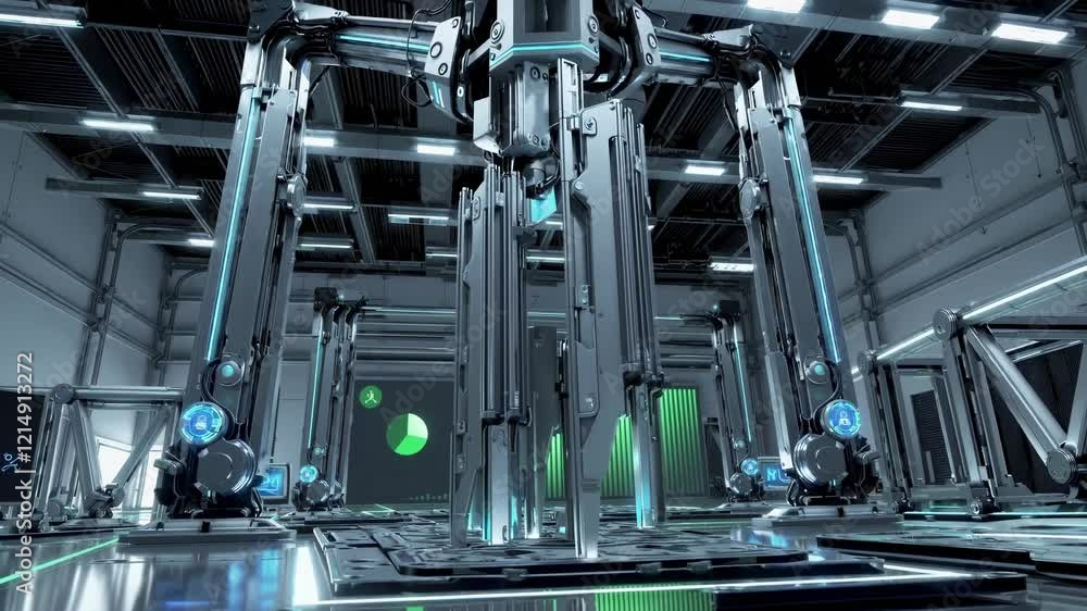 Poster exploring a futuristic tech laboratory with advanced robotic systems and glowing interfaces