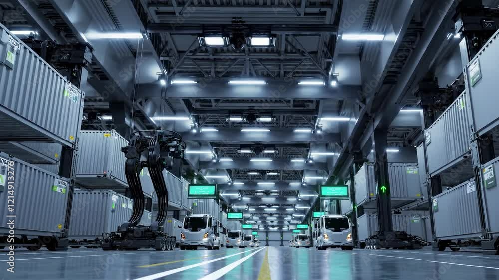 Fototapete modern warehouse with automated trucks and container handling in action