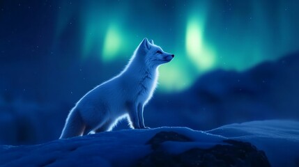 Obraz premium Arctic fox standing majestically under the Northern Lights in a snowy landscape at night
