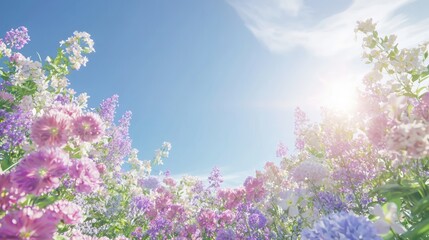 Obraz premium Lively Floral Mosaic: Vibrant Lilac, Rose, and Sky-Blue Flowers in the Midday Sun