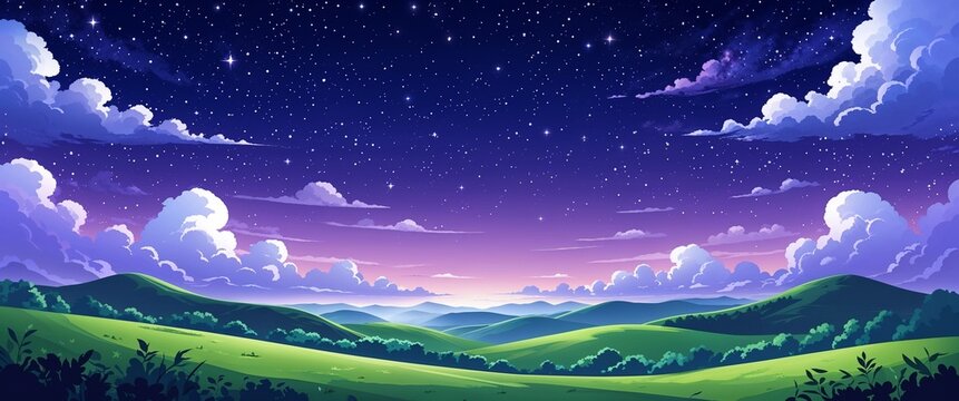Clear starry night sky over rolling green hills with soft purple clouds at horizon gentle twilight gradient illustration background design