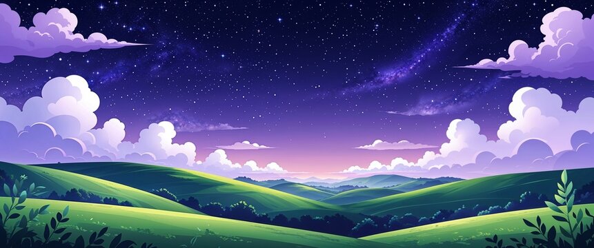Clear starry night sky over rolling green hills with soft purple clouds at horizon gentle twilight gradient illustration background design