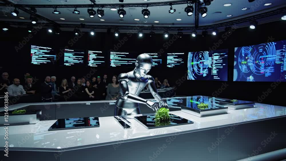 Poster robot chef demonstrates culinary skills in a high-tech kitchen during innovation conference in 2023