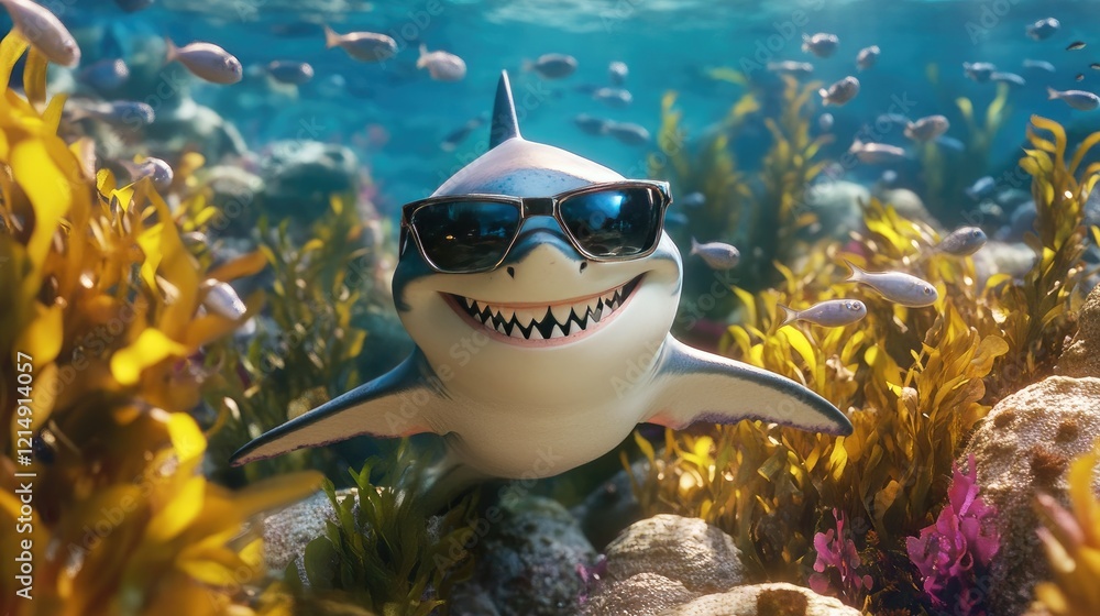 Canvas Prints A playful shark wearing sunglasses, giving a cheeky grin, with seaweed and tiny fish swimming around.