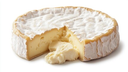 Creamy Brie Cheese Wheel with Slice Cut Out on White Background