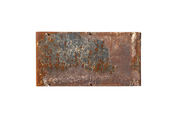 A rectangular, rusty metal plate is isolated. The plate exhibits a weathered, textured surface caused by corrosion.