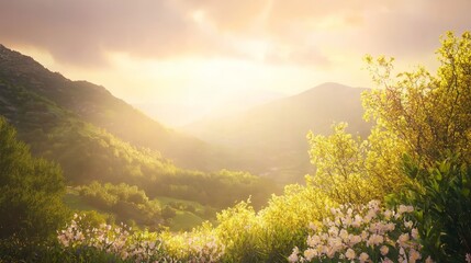 Obraz premium Golden Blossoms: Cinematic Valley Scene with Fractured Sunrays - Ultra-Detailed Image
