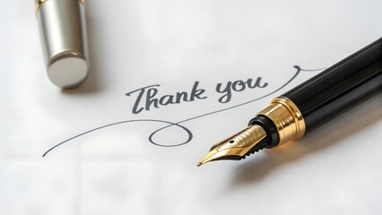 Fototapeta premium A fountain pen and the inscription Thank you on a white sheet of paper. Close up of fountain pen on thank you. A thank you card with a fountain pen, Writing a Thank You Note