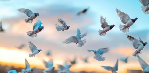 Obraz premium Flock of Pigeons Soaring in a Sunny Blue Sky