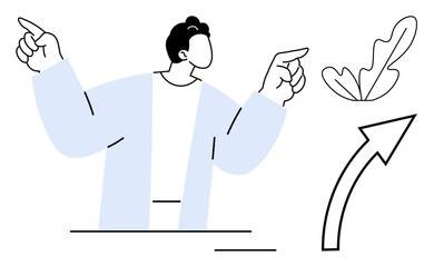Abstract faceless person pointing upward with both hands, showcasing progress, direction. Ideal for business, growth, motivation, creativity, leadership success innovation. Clean lines and minimal