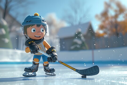 Cartoon boy playing hockey on an ice rink, about to take a shot.