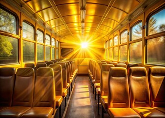 Fototapeta premium Empty School Bus Interior: Bright Yellow Seats & Natural Light - Stock Photo