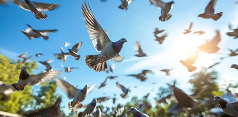 Obraz premium Flock of Pigeons Soaring in a Sunny Blue Sky
