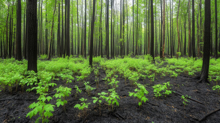 Fototapeta premium vibrant green forest slowly regenerating after fire, showcasing new growth among charred trees. contrast of life and destruction creates powerful visual narrative