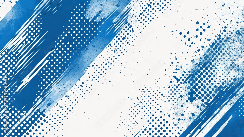 Poster blue and white background with diagonal lines and halftone dots, a vector seamless pattern. modern s