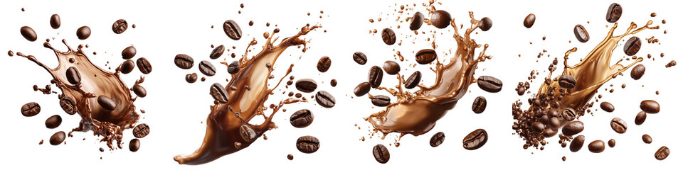set of Coffee beans floating in a spiral shape as coffee drips down, on a transparent backgrounds