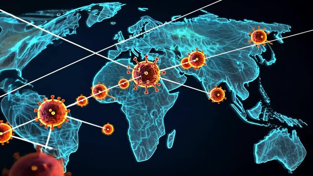 Global map overlayed with virus transmission patterns during a pandemic outbreak.