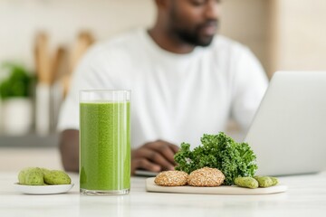 Man using laptop at kitchen table, healthy snacks and smoothie nearby, kitchen utensils in background, modern workspace atmosphere.