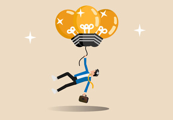 Big idea to solve business problems, , smart businessman manager holding floating balloon light bulb flying high in the sky