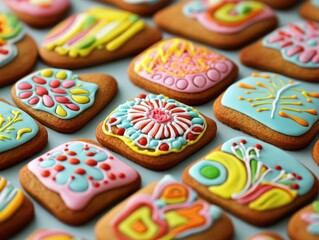 A close-up of gingerbread cookies with intricate custom designs, colorful icing adding a touch of whimsy