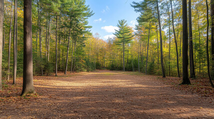 Obraz premium serene view of dense forest in autumn, showcasing vibrant foliage and clear sky. ground is covered with fallen leaves, creating peaceful atmosphere