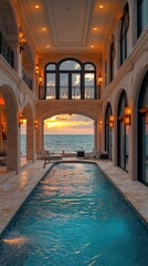 Elegant sunset poolside retreat luxury villa interior design coastal resort wide angle relaxation concept