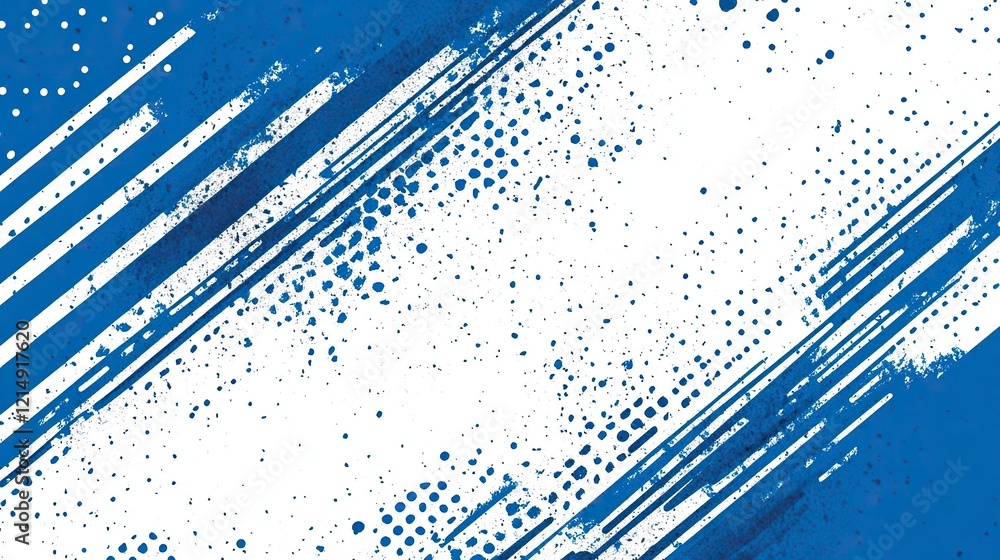 Poster blue and white background with diagonal lines and halftone dots, a vector seamless pattern. modern s