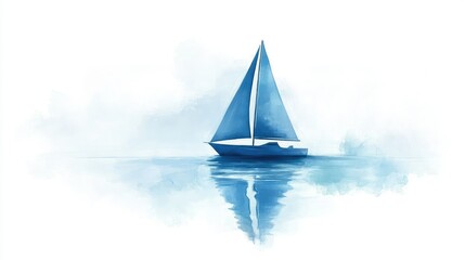 Fototapeta premium A serene digital art piece of a blue sailboat gliding across calm waters, designed on a white background.