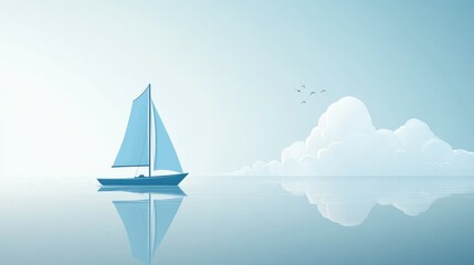 Naklejka premium A serene digital illustration of a blue sailboat, floating gracefully on calm ocean waters, with a minimalist white background.