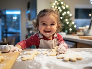 Christmas baking with a toddler, flour-dusted hands shaping cookies while laughter fills the air, a cheerful kitchen setting