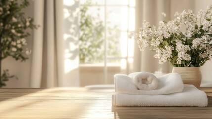 A serene spa room with white towels neatly folded, soft lighting, and fresh flowers on a wooden table