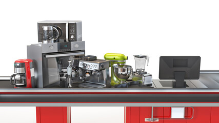 Kitchen appliances on the conveyor. 3d illustration