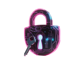 Isolated Digital Glowing Padlock with Key