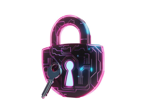 Isolated Digital Glowing Padlock with Key - Powered by Adobe