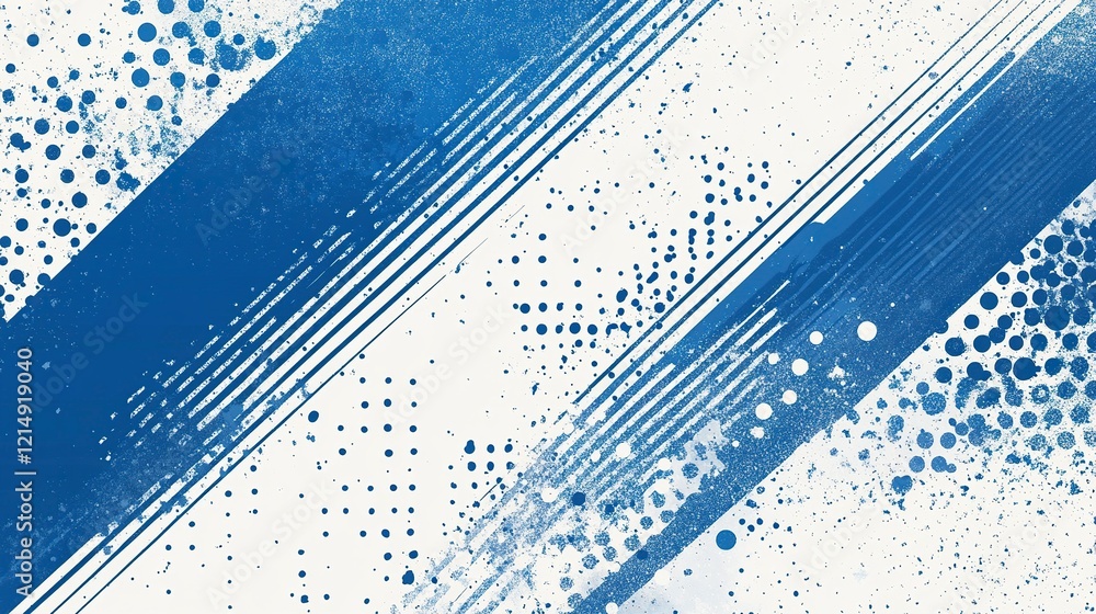 Poster blue and white background with diagonal lines and halftone dots, a vector seamless pattern. modern s