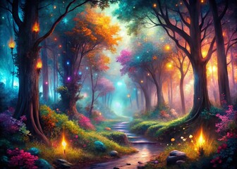 Fototapeta premium Enchanting Fantasy Forest Double Exposure: Magical Trees, Mystical Lights, Dreamlike Landscape