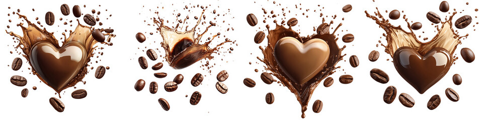 set of Coffee beans floating in a spiral shape as coffee drips down, on a transparent backgrounds