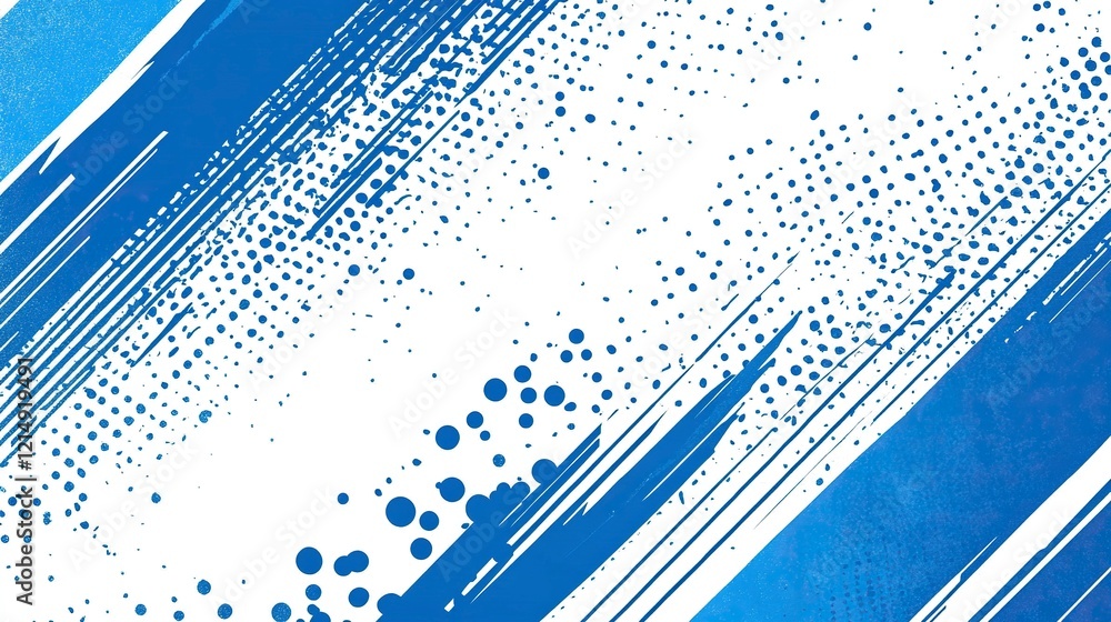 Poster blue and white background with diagonal lines and halftone dots, a vector seamless pattern. modern s
