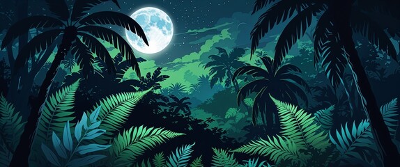 Moonlight casting silver streaks over a dense jungle tropical ferns illuminated in shades of green and blue shadows of large trees illustration background design.