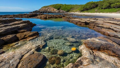 Rocky coastline with crystal clear tide pools and sea life