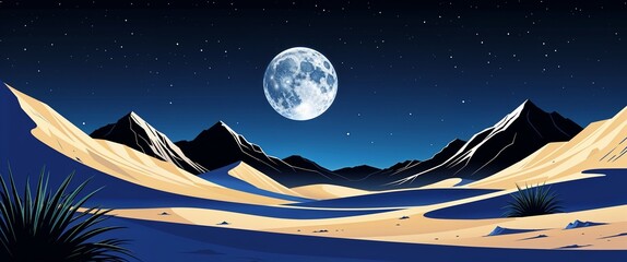 Moonlit desert with pale sandy dunes dark cobalt blue sky fading into black sharp mountain outlines illustration background design