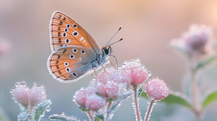 Obraz premium Close-up of a colorful butterfly resting on pink flowers covered in morning dew, set against a soft pastel background.