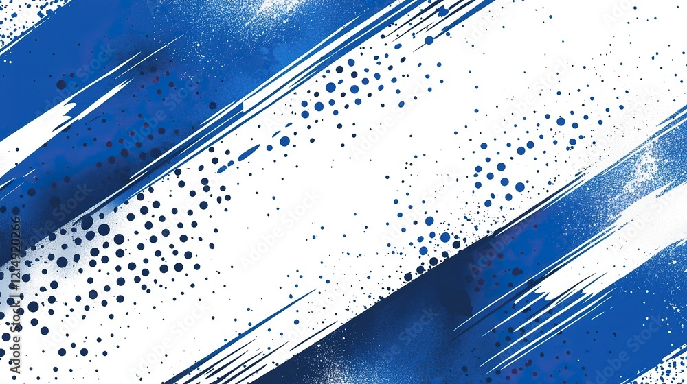 Poster blue and white background with diagonal lines and halftone dots, a vector seamless pattern. modern s