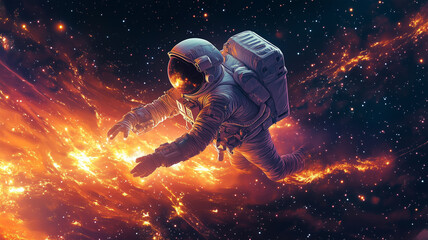 Fototapeta premium astronaut floating in space, conducting experiments amidst vibrant cosmic colors. scene captures wonder and vastness of universe
