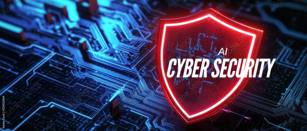 Poster ai cyber security shield on circuit board: protecting digital data in a futuristic technological lan