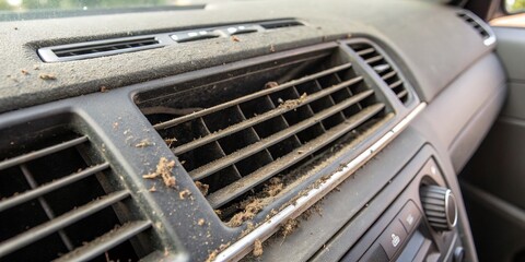 Dirty Air Vent Grill - Close-up Stock Photo: Dust, grime, and debris buildup on a household air vent. Ideal for cleaning, maintenance, and HVAC repair imagery.