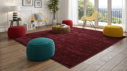 A gy area rug in rich burgundy anchors the space with its thick texture contrasting elegantly against sleek hardwood floors. Around it mismatched poufs in vivid shades offer
